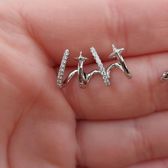 Platinum Plated Shooting Stars Earring Stud Cuff CZ - Picture 6 of 11